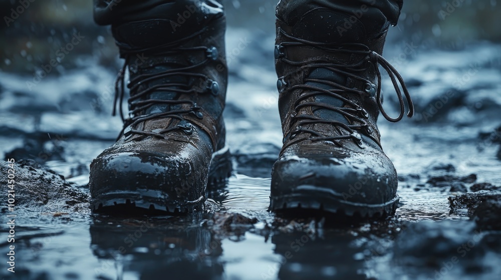 A Close Up Image Highlighting Wet Heavy Duty Trekking Or Hiking Boots After Intense Rainfall Demonstrating Their Durability In Tough Outdoor Environments A Close Up Image Highlighting Wet Heavy Duty Trekking Or Hiking Boots After Intense Rainfall Demonstrating Their Durability In Tough Outdoor Environments