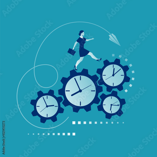 Time management, control. Vector illustration flat design. Isolated on background. Businesswoman run along gear in form of clock. Organization of process. Young successful female.