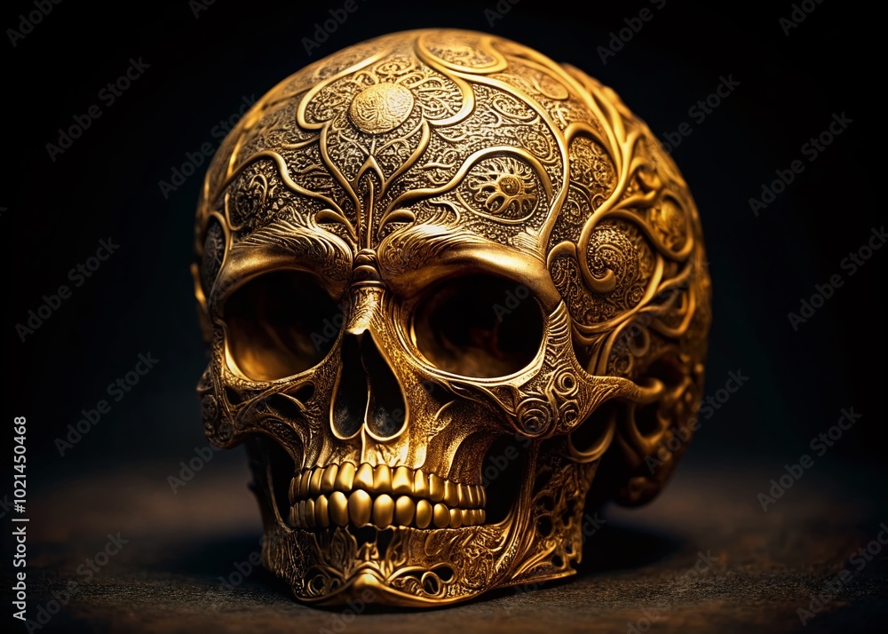 Intricately Designed Golden Skull with Detailed Patterns on a Dark Background for Artistic Display Intricately Designed Golden Skull with Detailed Patterns on a Dark Background for Artistic Display