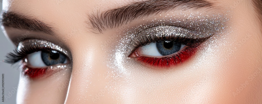 Naklejka premium A metallic 80s makeup look featuring silver and gold eyeshadow with glitter accents, bold eyeliner, and deep red glossy lips for a glamorous, party-ready style.
