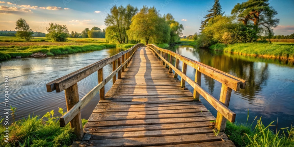 Φωτογραφία A wooden bridge stretches across a serene river, bathed in the warm glow of a golden sunset, with lush greenery framing the picturesque scene