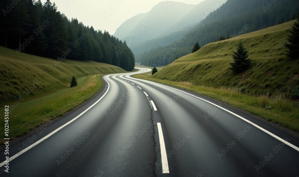 Naklejka premium A winding road through lush green hills and misty mountains, perfect for travel, adventure, and nature themed projects or designs.