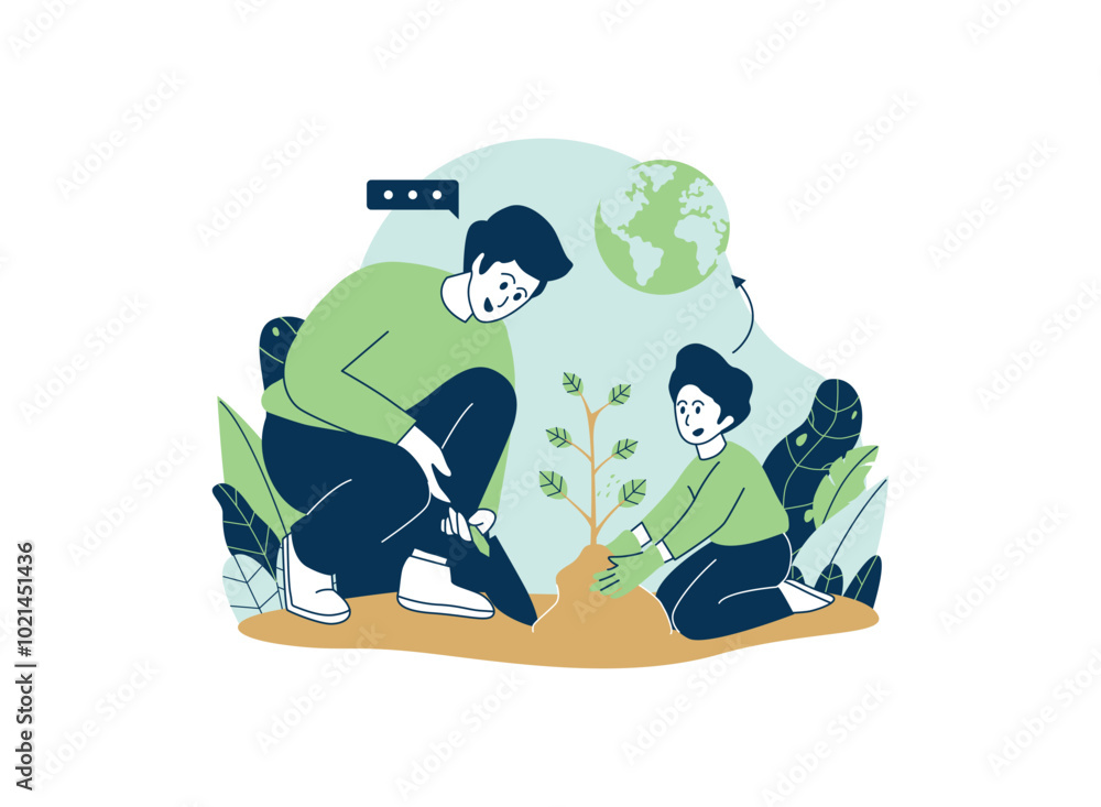 Obraz premium Father and son planting a tree together, symbolizing environmental stewardship and family bonding.