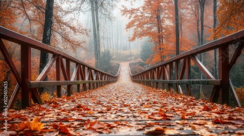 A serene wooden bridge surrounded by vibrant autumn foliage and misty forest scenery.