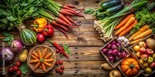 A vibrant mix of fresh produce arranged on a rustic wooden surface, showcasing the bounty of nature's harvest