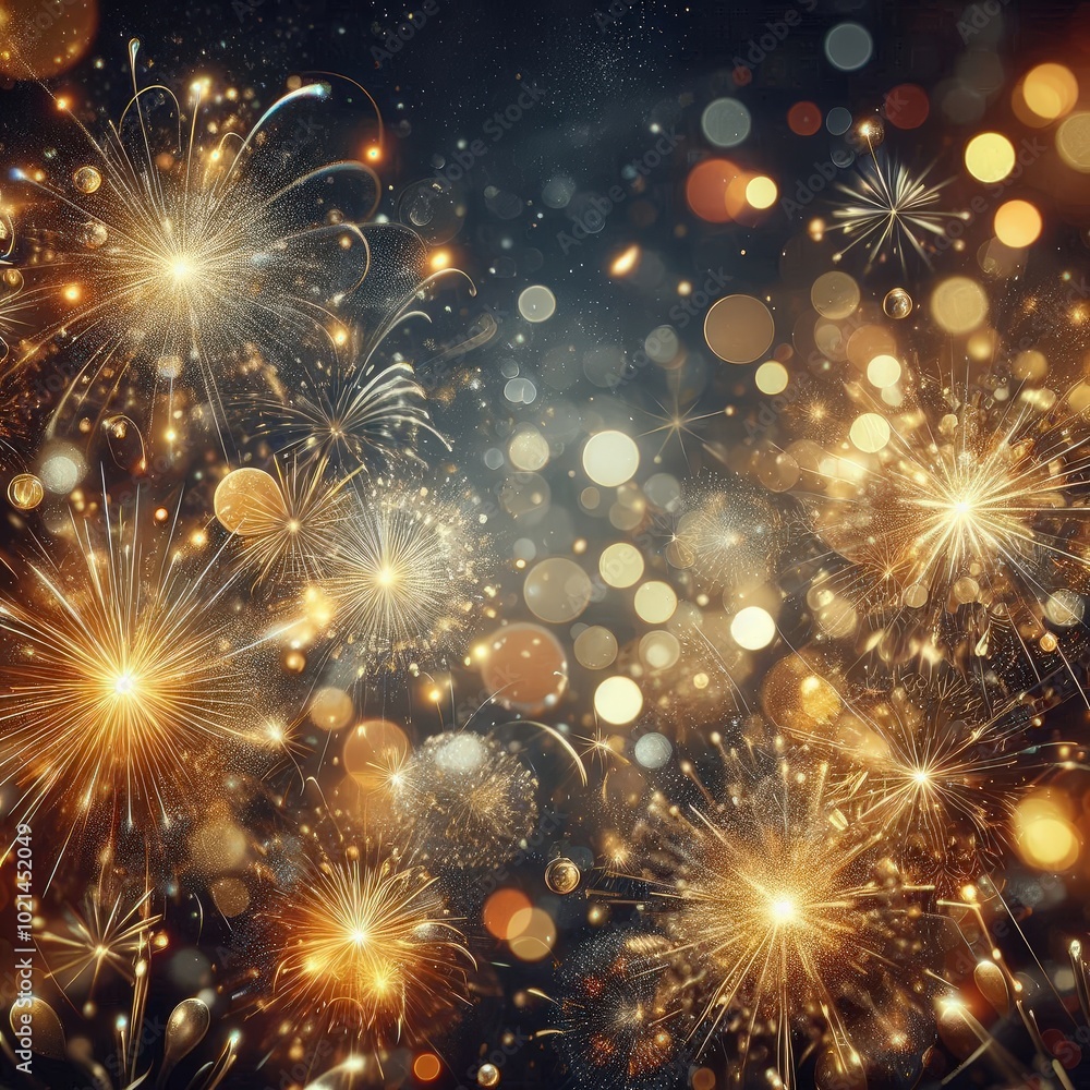 Abstract background with gold and silver fireworks and bokeh on New Year's Eve with dark blue christmas golden light shine particles gold foil texture. holiday concept Abstract background with gold and silver fireworks and bokeh on New Year's Eve with dark blue christmas golden light shine particles gold foil texture. holiday concept