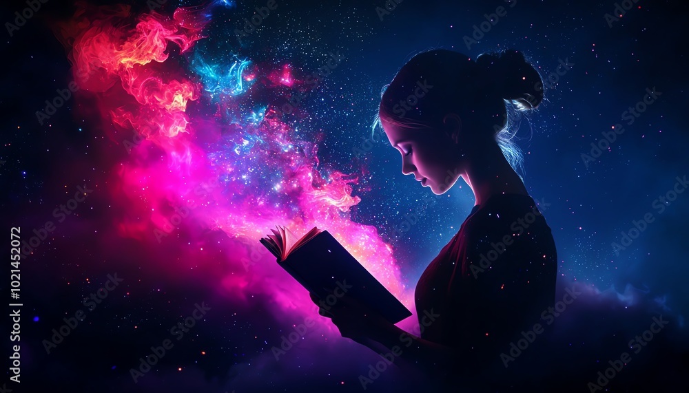 Silhouette of a girl reading a book against a cosmic background filled with vibrant colors and stars. Silhouette of a girl reading a book against a cosmic background filled with vibrant colors and stars.