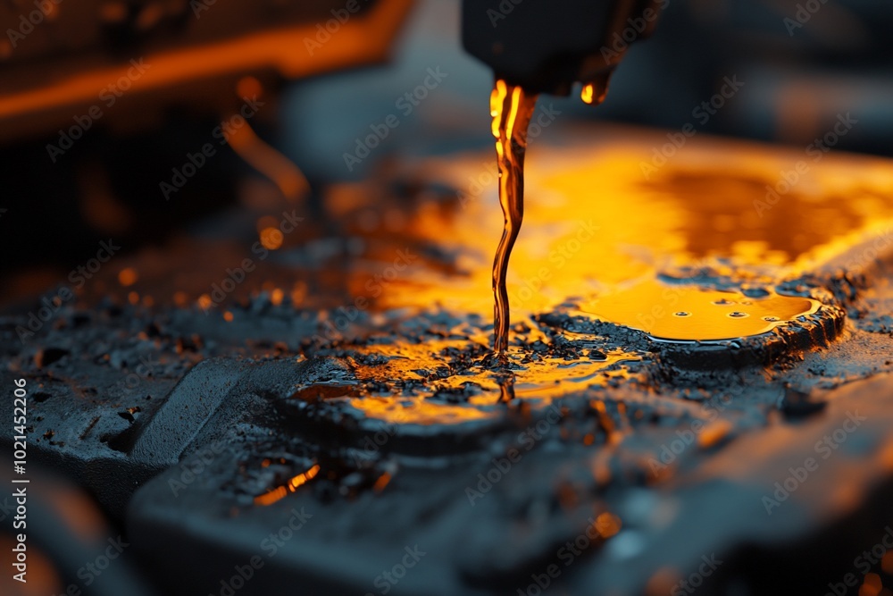 Close-up of molten metal being poured into a mold during the manufacturing process. Close-up of molten metal being poured into a mold during the manufacturing process.