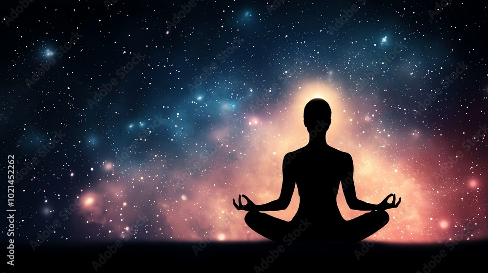 Silhouette of a person meditating against a colorful galaxy background, symbolizing tranquility and inner peace. Silhouette of a person meditating against a colorful galaxy background, symbolizing tranquility and inner peace.