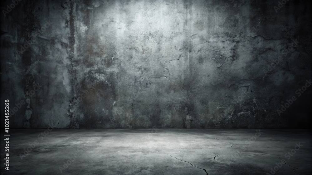 A darkened room with a rough concrete wall and floor, illuminated by a single light source casting a spotlight effect A darkened room with a rough concrete wall and floor, illuminated by a single light source casting a spotlight effect