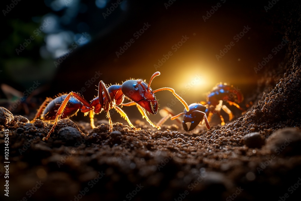 Close-up of red ants emerging from an anthill in the sunlight. Close-up of red ants emerging from an anthill in the sunlight.