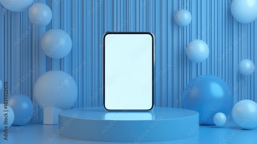3D rendered illustration of a smartphone featuring a blank screen positioned on a podium complemented by abstract geometric shapes in the background Modern and trendy design in blue and silver hue 3D rendered illustration of a smartphone featuring a blank screen positioned on a podium complemented by abstract geometric shapes in the background Modern and trendy design in blue and silver hue