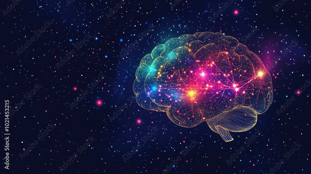 Abstract Illustration Of A Brain Silhouette Made Of Particles With A Lights And Stars Background Representing Human Brain And Neuron Activity Abstract Illustration Of A Brain Silhouette Made Of Particles With A Lights And Stars Background Representing Human Brain And Neuron Activity