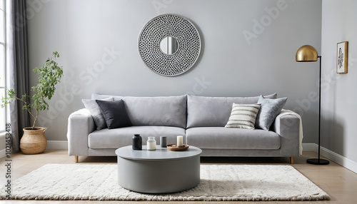 modern scandinavian style room with grey fabric couch and round coffee table