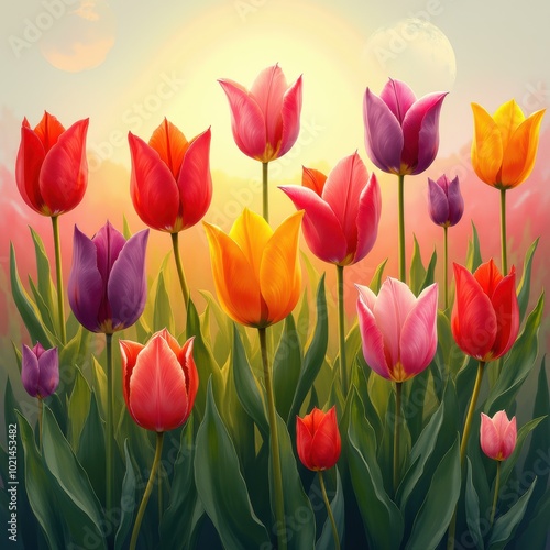 A vibrant field of tulips in various hues, capturing the beauty of spring. Ideal for floral designs, seasonal promotions, or nature themed projects.