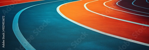 Curved Blue and Orange Running Track with White Lines photo