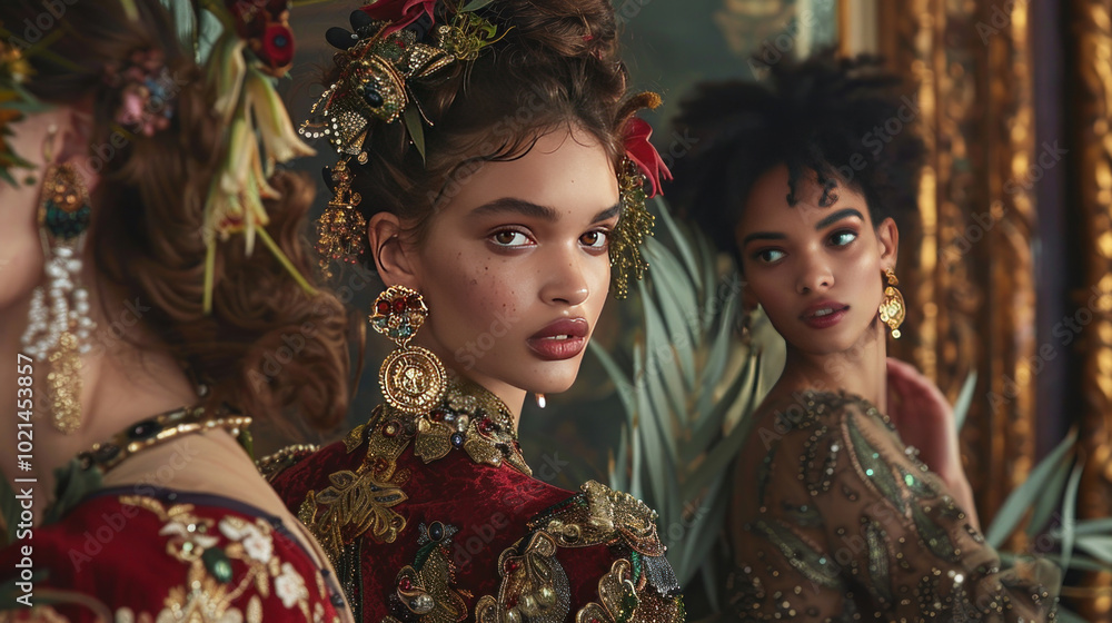 A luxury accessories photoshoot featuring models adorned with statement pieces, set against a backdrop of opulence and grandeur A luxury accessories photoshoot featuring models adorned with statement pieces, set against a backdrop of opulence and grandeur