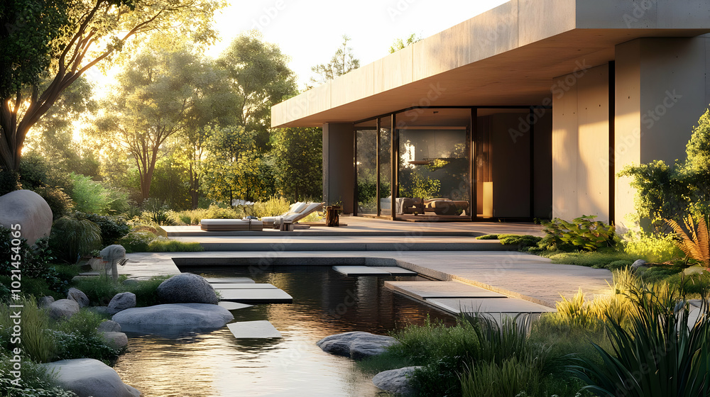 Modern House with Pool and Lush Garden - 3D Illustration Modern House with Pool and Lush Garden - 3D Illustration