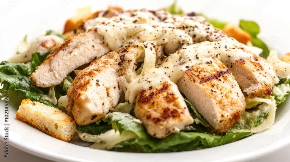 Chicken Caesar Salad with Sauce Cheese and Croutons on Isolated White Plate Side View Food Image Chicken Caesar Salad with Sauce Cheese and Croutons on Isolated White Plate Side View Food Image