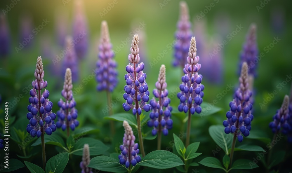 Obraz premium Beautiful close up of purple lupin flowers in a lush green setting, perfect for nature themed projects, marketing, or wellness related content.