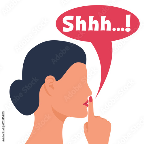 Girl showing shhh sign with finger near lips. Beautiful sexy young woman saying hush, be quiet. Gesture shhh. Women emotions. Face expressions. Gesture of silence. Vector illustration flat design.
