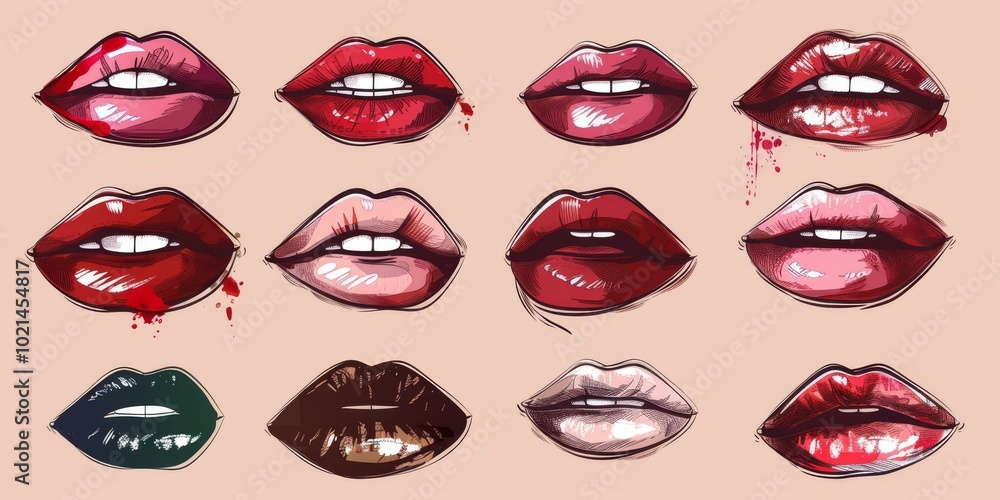 Obraz premium A Set of Vector Lips with Different Shades of Lipstick