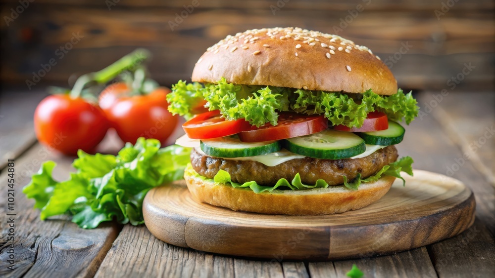 Freshly Made Hamburger with Tomato, Cucumber, Lettuce, and Sesame Seed Bun on Wooden Cutting Board Freshly Made Hamburger with Tomato, Cucumber, Lettuce, and Sesame Seed Bun on Wooden Cutting Board