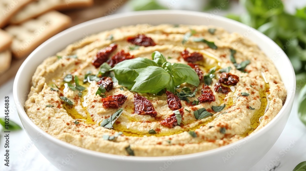 Bowl of hummus topped with basil and sun dried tomatoes on the table Bowl of hummus topped with basil and sun dried tomatoes on the table