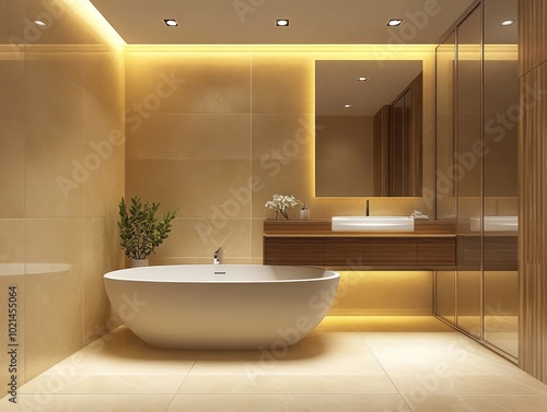 Beige-walled bathroom with wooden vanity, recessed lighting, and a freestanding tub photo