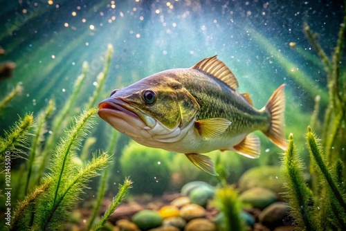 Largemouth Bass Micropterus Dolomieu Swimming in Clear Freshwater Habitat with Natural Vegetation photo