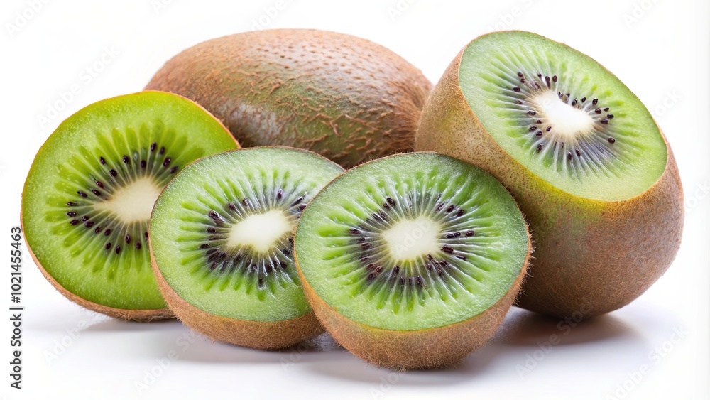 Fresh Whole and Sliced Kiwi on White Background Fresh Whole and Sliced Kiwi on White Background