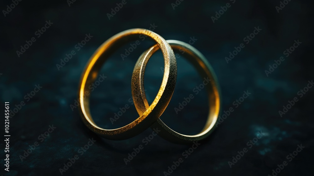 3D fantasy rendering of two gold rings set against a dark background representing love fidelity and the bond between partners 3D fantasy rendering of two gold rings set against a dark background representing love fidelity and the bond between partners