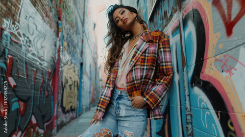 A model wearing a vintage plaid blazer over indie-style ripped jeans, posed against a graffiti-covered alleyway.