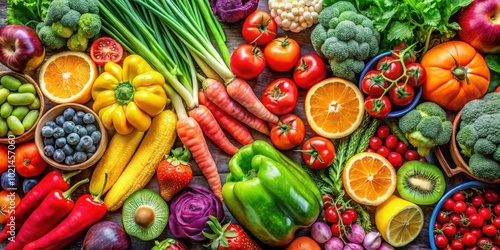 Wallpaper Mural A Colorful Array of Fresh Fruits and Vegetables, Arranged with a Focus on Nutritional Variety and Abundant Health Benefits Torontodigital.ca