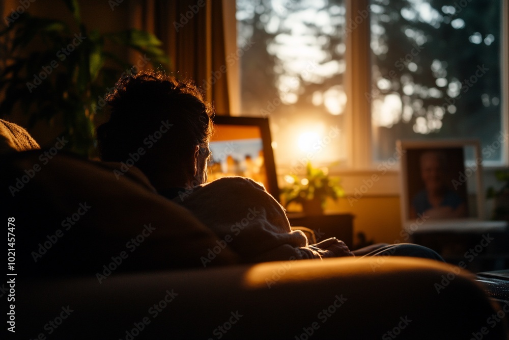 A person sits on a couch, silhouetted against a window with a sunset. A person sits on a couch, silhouetted against a window with a sunset.