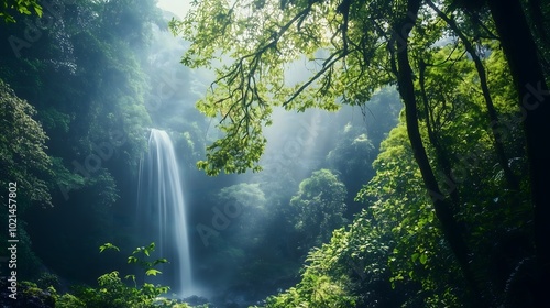 A majestic waterfall cascades down a rocky cliff, surrounded by lush greenery and sunlight streaming through the trees.