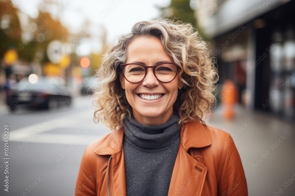 Portrait of a smiling middle aged woman with eyeglasses in the city Portrait of a smiling middle aged woman with eyeglasses in the city