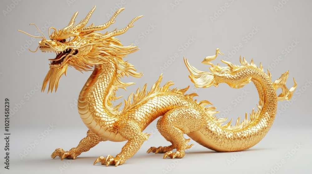 Fototapeta premium Gold Dragon. Chinese Mythical Animal in Bend Pose with Ancient Asian Influence