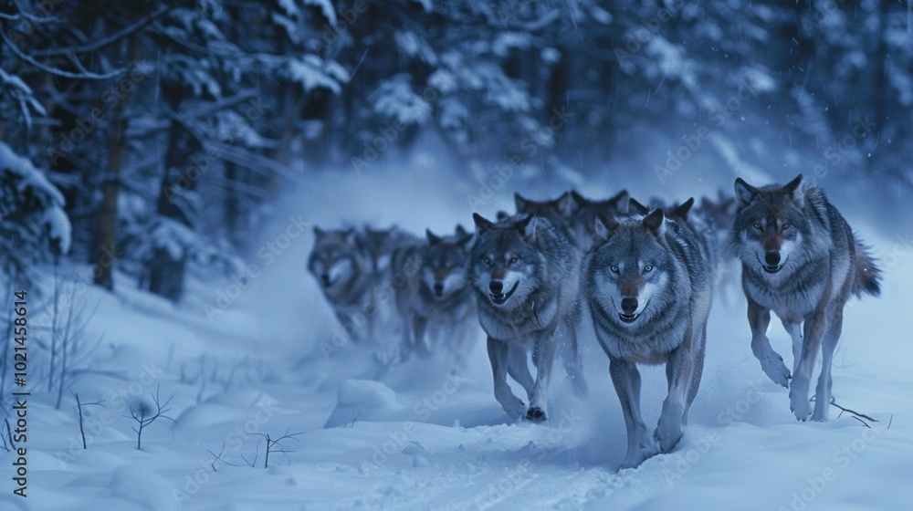 Wild Strength and Unity: Wolves Running Through Snow-Covered Forest at Dusk Wild Strength and Unity: Wolves Running Through Snow-Covered Forest at Dusk