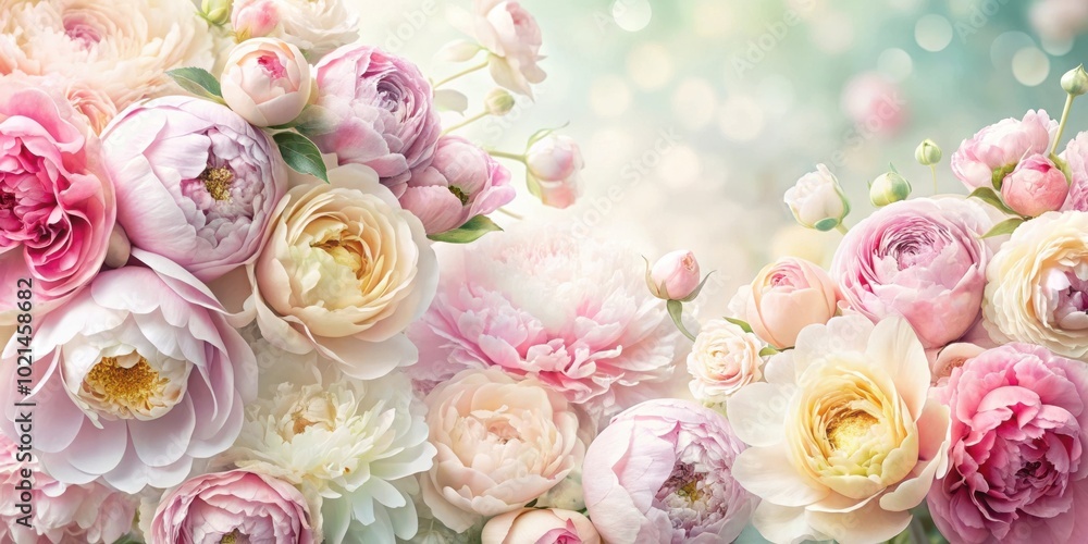 A Romantic Bouquet of Delicate Pink and White Roses and Peonies with a Soft Focus Background A Romantic Bouquet of Delicate Pink and White Roses and Peonies with a Soft Focus Background