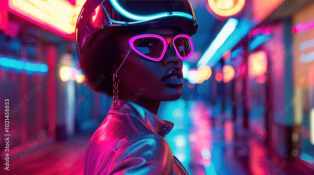 A sci-fi inspired photoshoot blending 1970s retro fashion with futuristic elements like metallic bodysuits and glowing neon accessories, set in a neon-lit city. A sci-fi inspired photoshoot blending 1970s retro fashion with futuristic elements like metallic bodysuits and glowing neon accessories, set in a neon-lit city.