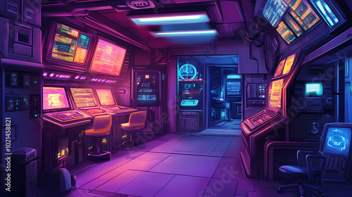 Neon cyberpunk marketplace in underground city. Cyberpunk Marketplace. Illustration