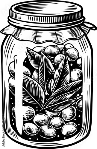 Vintage Hand Drawn Pickled Food Jar with Olives and Herbs Illustration