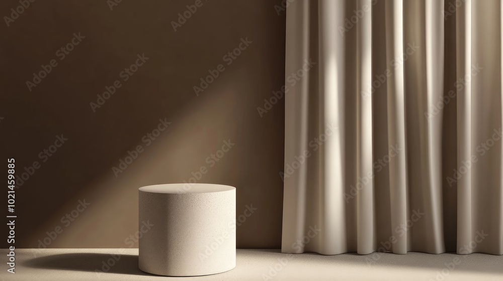 3D rendering of a product display podium with a curtain against a brown background Cylinder mock up for presentation purposes 3D rendering of a product display podium with a curtain against a brown background Cylinder mock up for presentation purposes