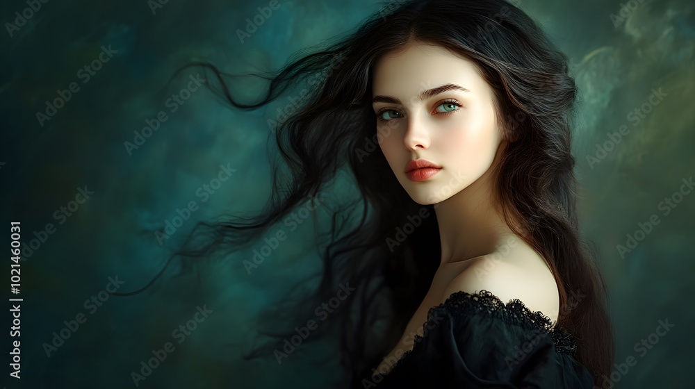 Young woman with long black hair poses against a green background. Young woman with long black hair poses against a green background.