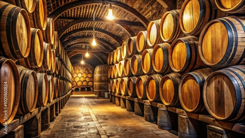 A dimly lit, arched cellar, lined with rows of aged wooden barrels, their smooth surfaces reflecting the soft glow of hanging lightbulbs.