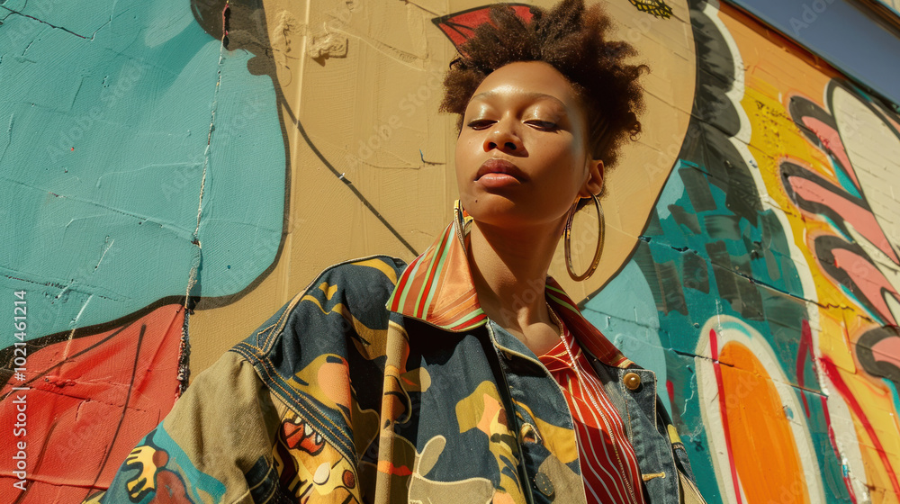 Fototapeta premium A stylish thrifted 1980s jacket paired with sustainable denim, worn by a model standing in front of a mural promoting eco-friendly living.