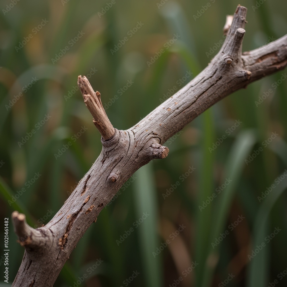 A close up of a dry twig against a blurred green background, perfect for nature themed projects or botanical designs. A close up of a dry twig against a blurred green background, perfect for nature themed projects or botanical designs.
