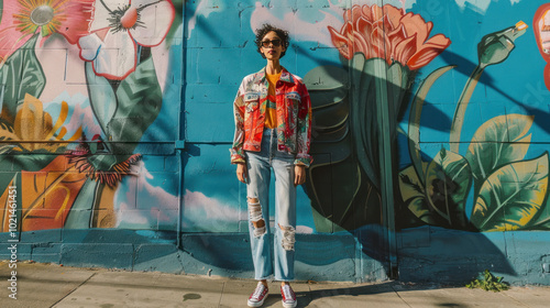 Obraz na płótnie A stylish thrifted 1980s jacket paired with sustainable denim, worn by a model standing in front of a mural promoting eco-friendly living. w salonie