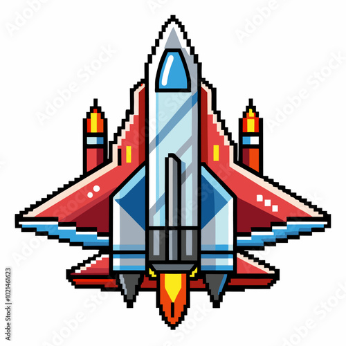 Retro Pixel Art Fighter Jet Launching with Boosters